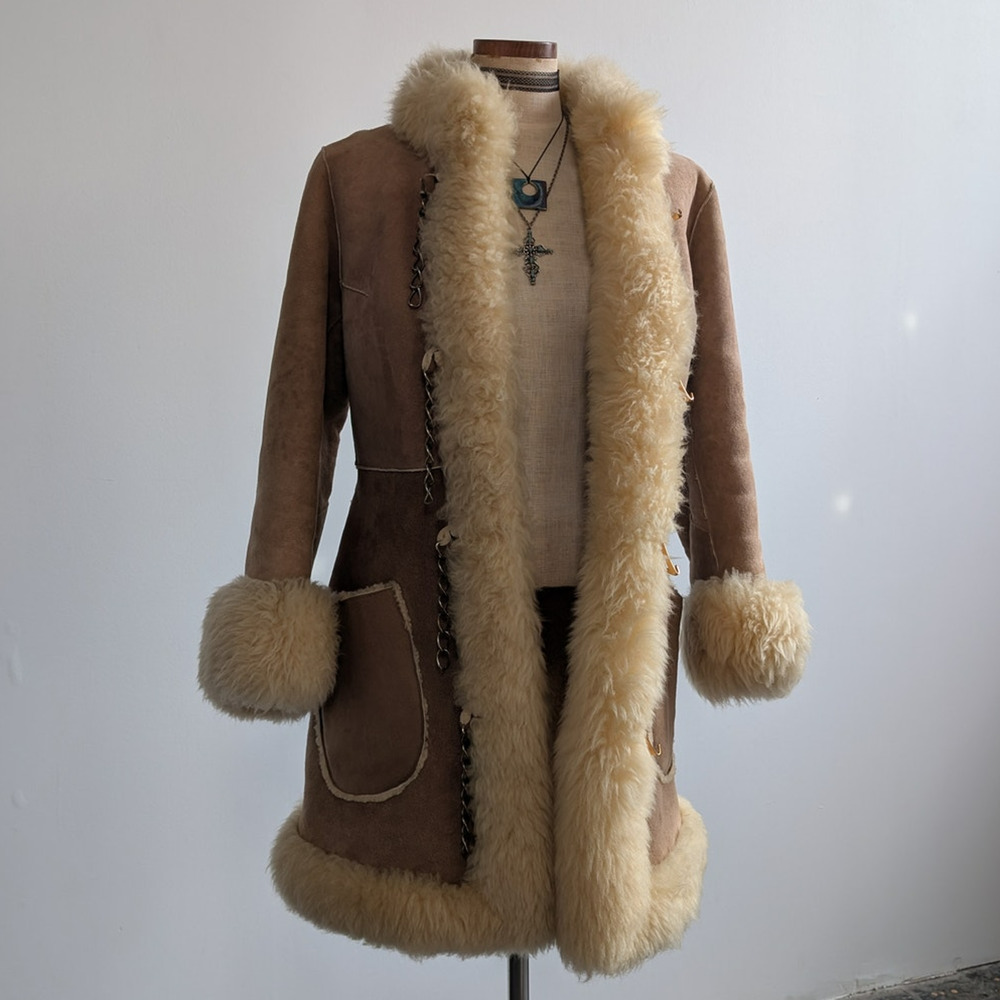 Vintage Brown Suede Fur Coat Boho Tan Leather Penny Lane Jacket Fur Trim Medium - Picture 1 of 11